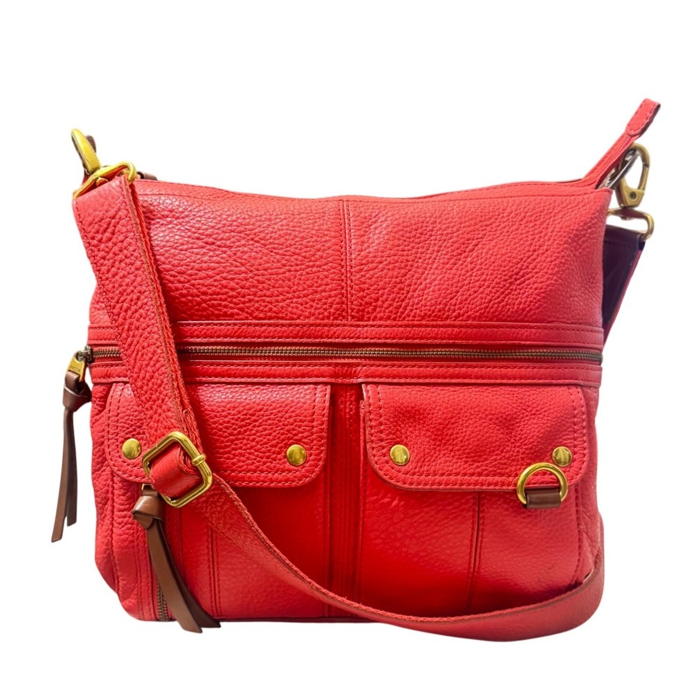 Fossil Traveler Morgan Crossbody Bag Women Red Leather Pebbled Utility